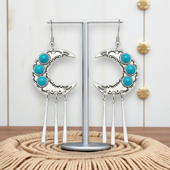 🆕️Mystic Boho Turquoise Crescent Moon Dangle Earrings Antique Silver Vibes - Picture 14 of 14